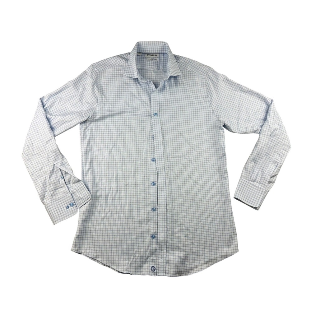 Twillory Button Up Shirt Men 15.5 34/35 Blue Performance Tailored Fit Check Dres